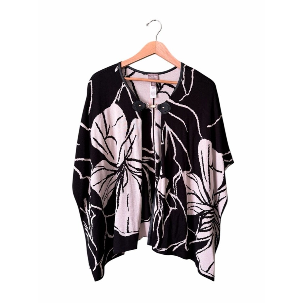 Chico's Poncho Shawl Front Clip Black Beige Floral One Size